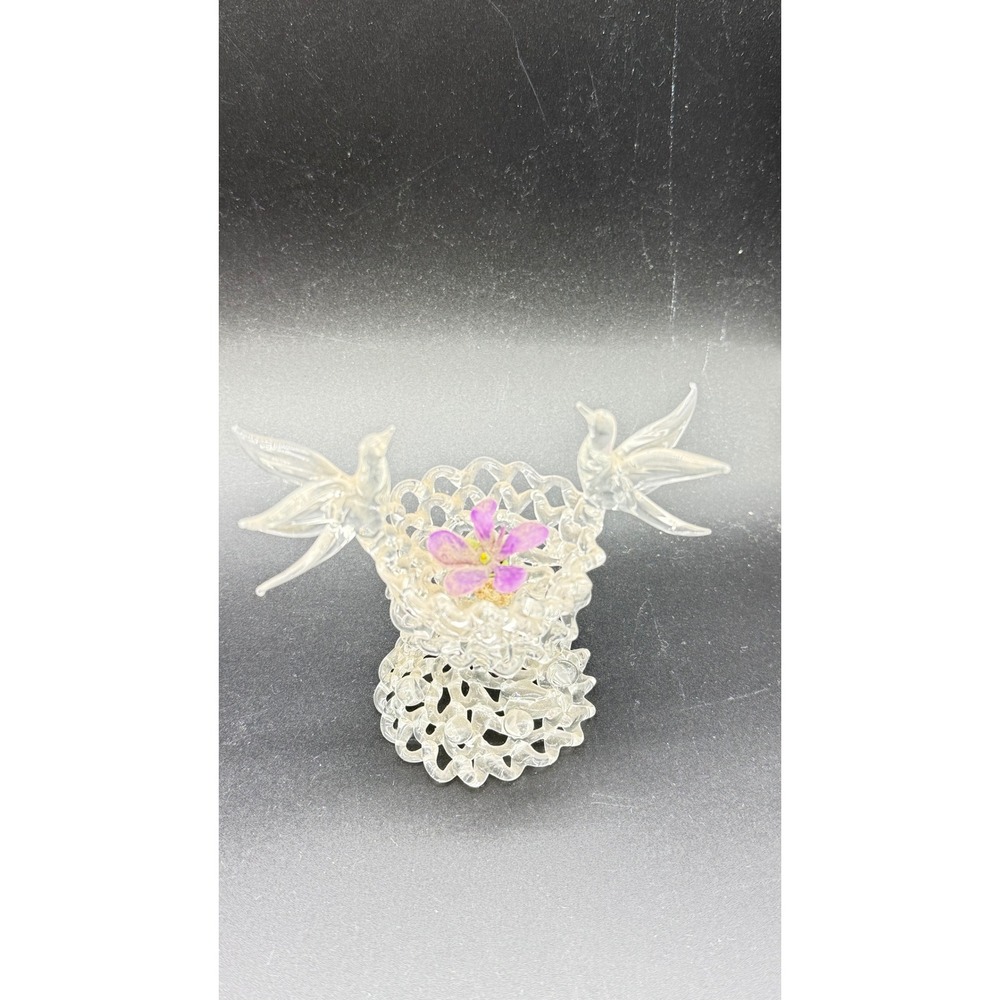 Vintage Spun Glass Bird Nest Figurine with Purple Flower Hand Blown Art